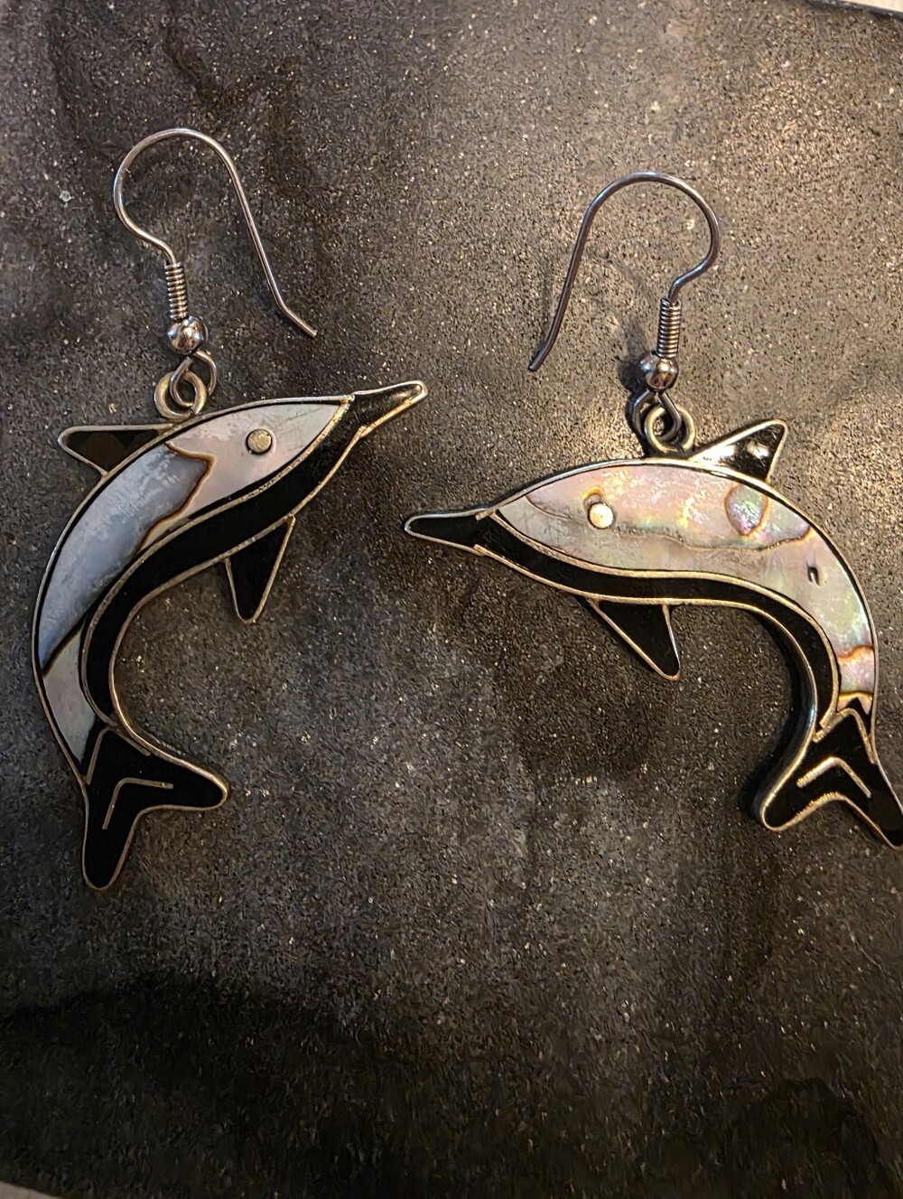 Vintage Mexican Alpaca Silver Mother of Pearl Shell Dolphin Drop Earrings